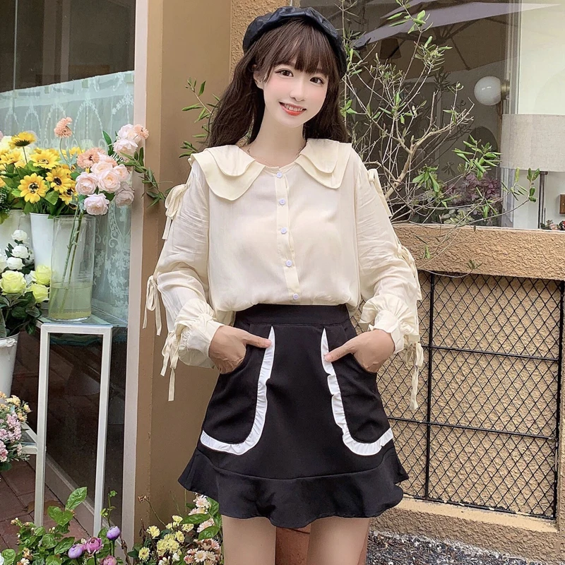 

2 Two Piece Set Women Korean Sweet Cute Girls Suit Doll Collar Bow Shirt Blouse + A-Line Skirt With Ruffle Women Two Piece Set