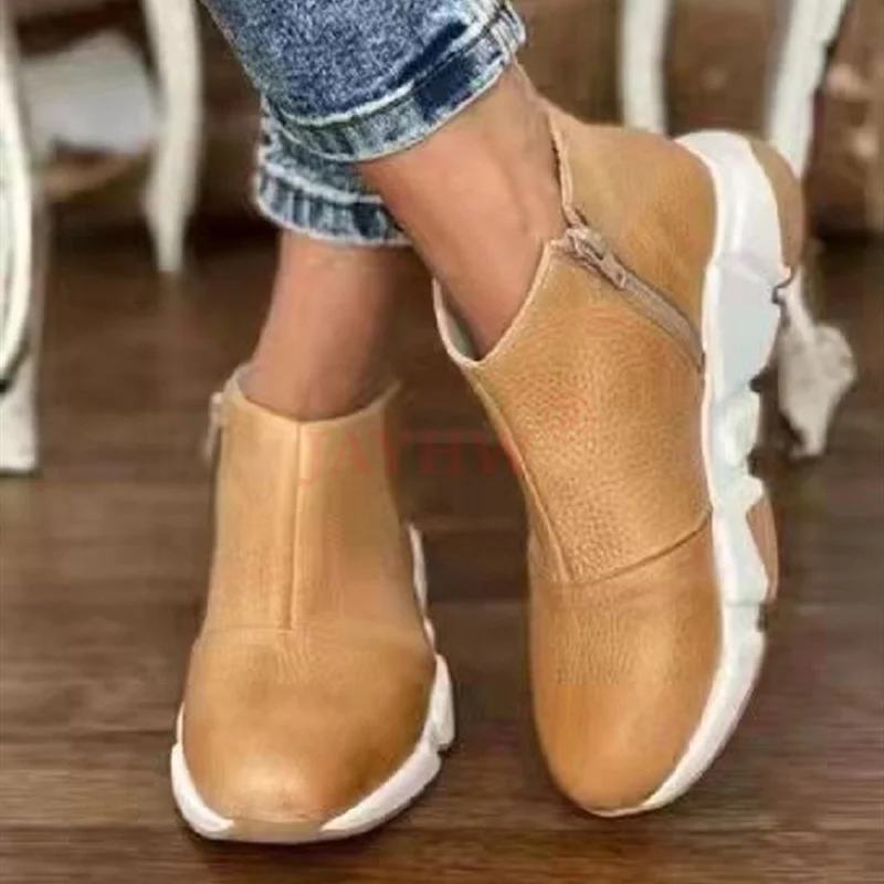 

JAYHW Women Leather Solid Color Casual Boots Round Toe Side Zipper Thick Bottom Ladies Platform Shoes Walking Female Ankle Boots