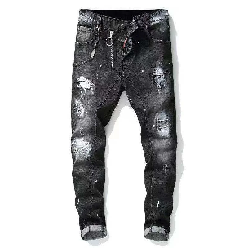 

Dsquared2 new hip-hop style dsq brand black Italian jeans men's denim trousers patchwork slim-fit ripped jeans pencil pants D2