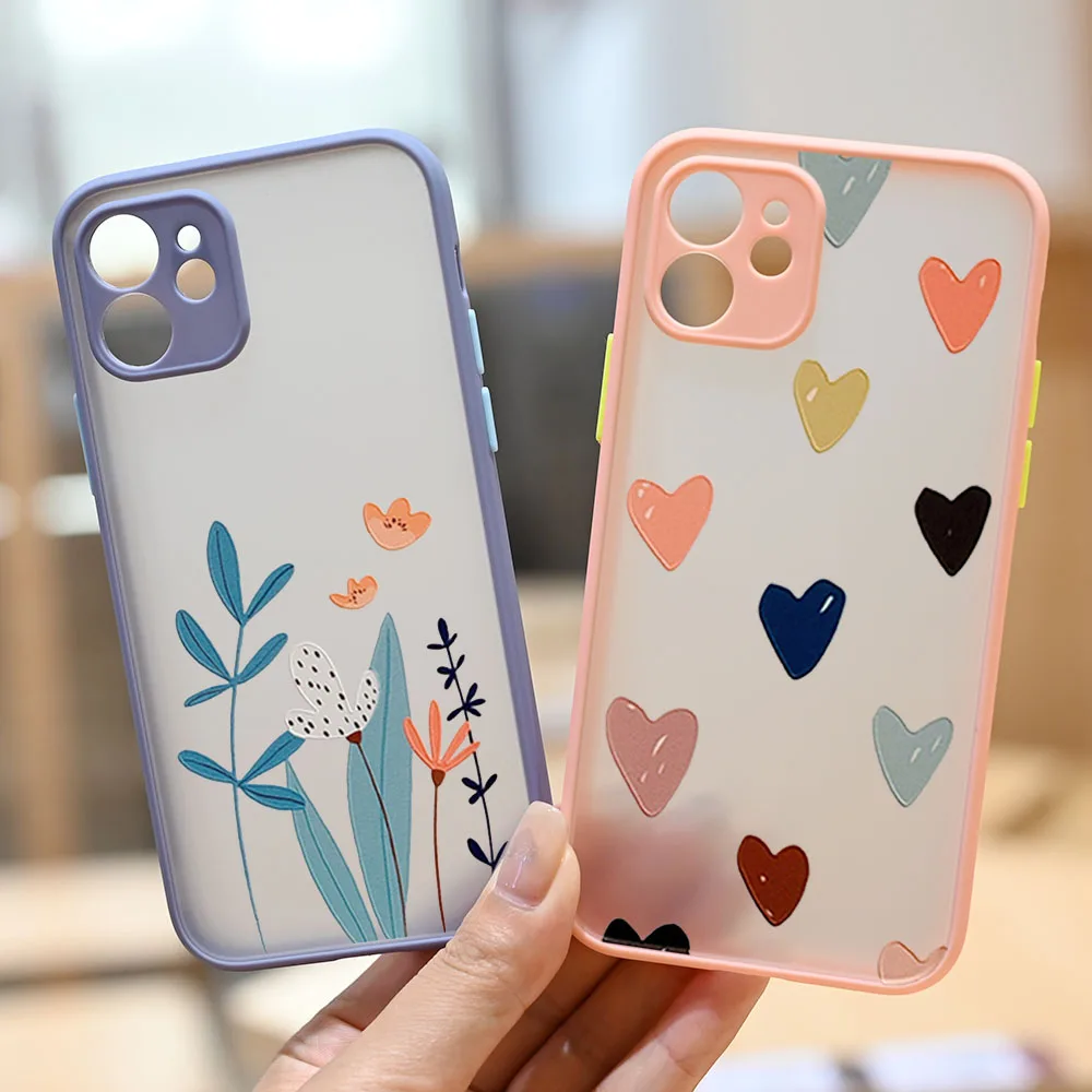 

Floral Phone Cases for iPhone 11 12 13 Pro Max Mini Heart Protect Shockproof Matte Clear Cover for iPhone X XS XR 6s 7 8 Plus