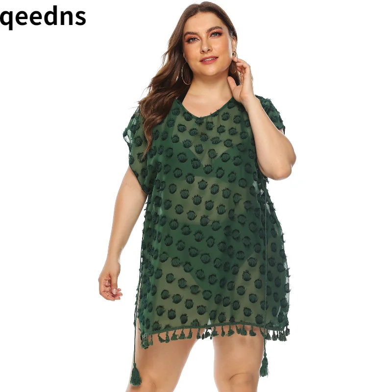 

2021's new large size summer sheer Chiffon sexy fringed Patchwork v Neck Beach Dress