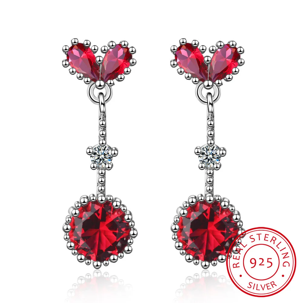Серьги подвески из циркония круглые голубые/красные в форме сердца 925 пробы для