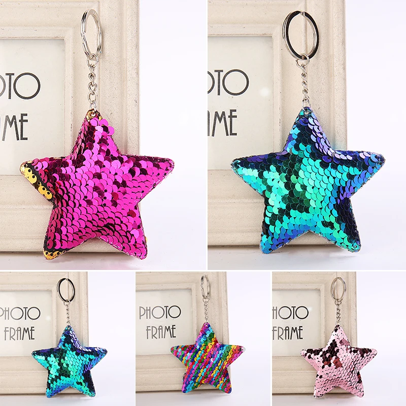 

Christmas Gift Five-Pointed Star Acrylic Move Sequin Pentagram Keychain Girl Backpack Pendant Key Ring Girlfriend Couple Gift