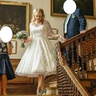 ТРАПЕЦИЕВИДНОЕ кружевное свадебное платье в стиле ретро длиной до колена с глубоким вырезом и рукавом 34, садовое свадебное платье Пышная юбка