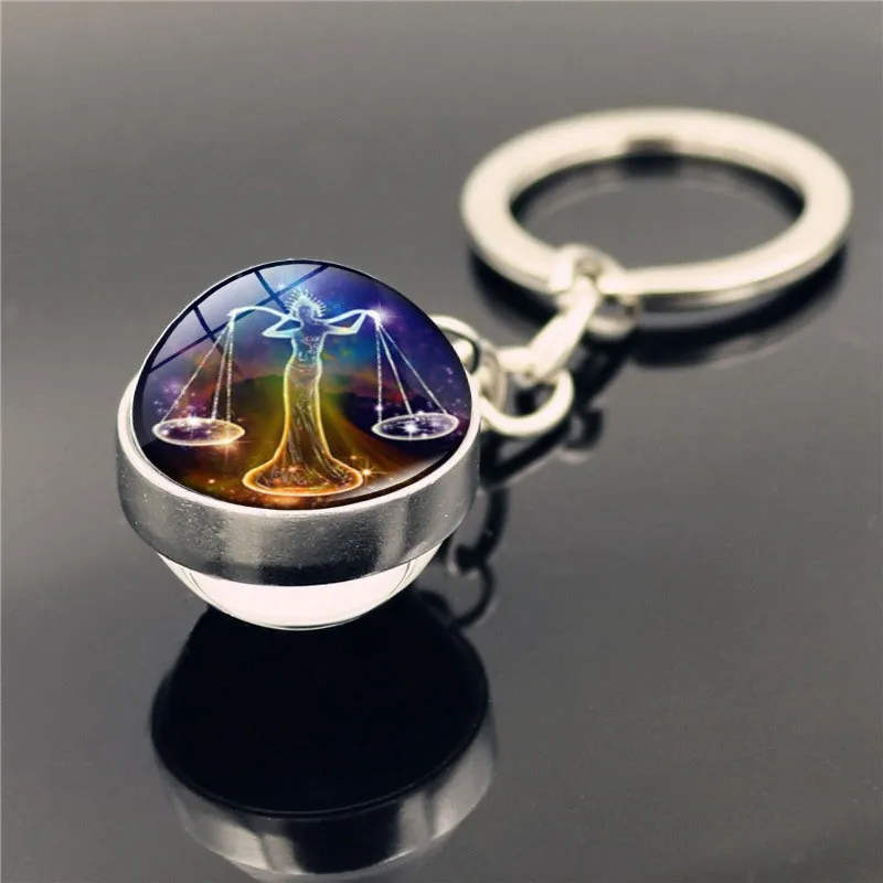 

Creative 12 Constellation Keychain Sign Keychains Glass Ball Pendant Key Rings For Women Men Gift