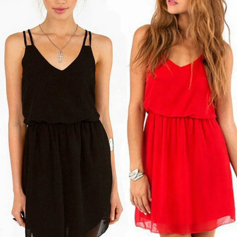 Women Summer Dress V-Neck Spaghetti Strap Casual Mini Boho Beach Red Black Sundress |