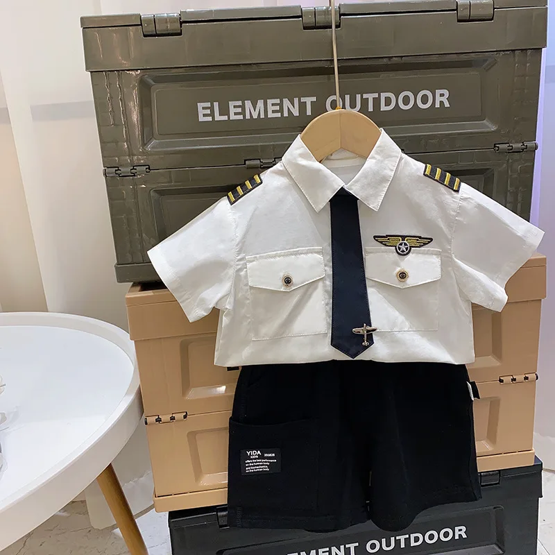 Летняя Детская рубашка детские костюмы капитана униформа пилота для мальчиков и