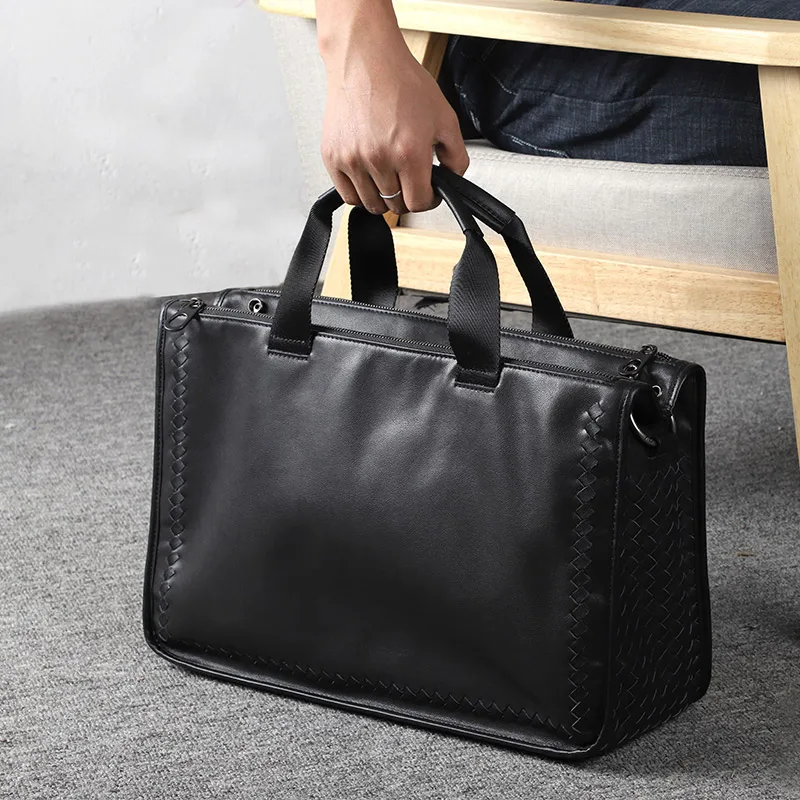 Fashion Men Business Travel Handbags Male Genuine Leather Messenger Bags Men's Leather Weaving Shoulder Bag for Men Laptop Bags