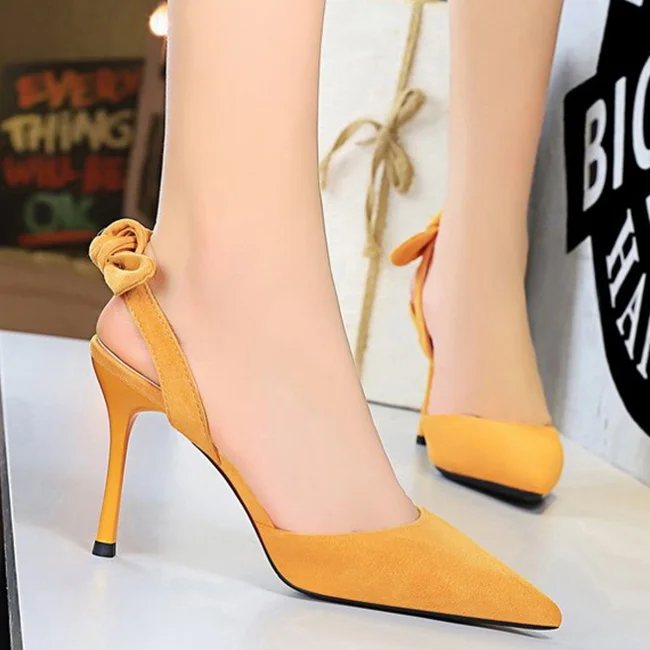 Boussac Elegant Bowtie Slingback High Heel Women Pumps Sexy Pointed Toe High Heels Ladies Shoes Suede Thin Heel Party Shoes B233