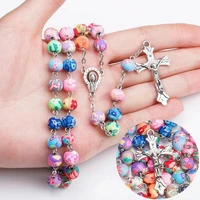 handmade colorful religious cross pendant rosary necklace round bead vintage gifts prayer christian maria center chain jewelry