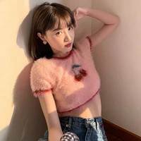 women crop tops y2k t shirt fashion pullovers pink cherry knit sweater sweet teenage girls fashion summer round neck