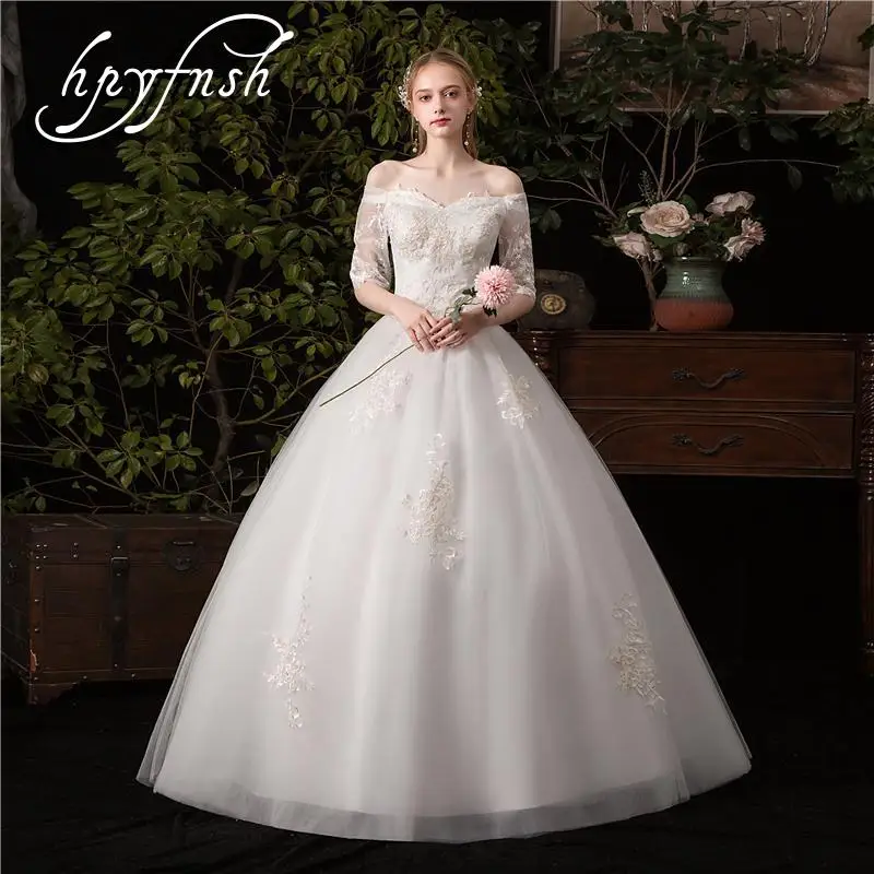 

HPYFNSH New Summer Wedding Dress Half Fashion Elegant Sexy Boat Off Shoulder Vestido De Noiva Lace Embroidery Gowns Plue Size