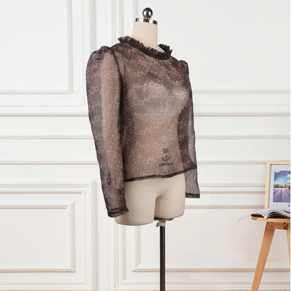 

Women Two Pieces Sets Sexy See Through Leopard Shirt Blouses O Neck Long Sleeves Tops High Waist Party Pencil Skirt Elegant Suit