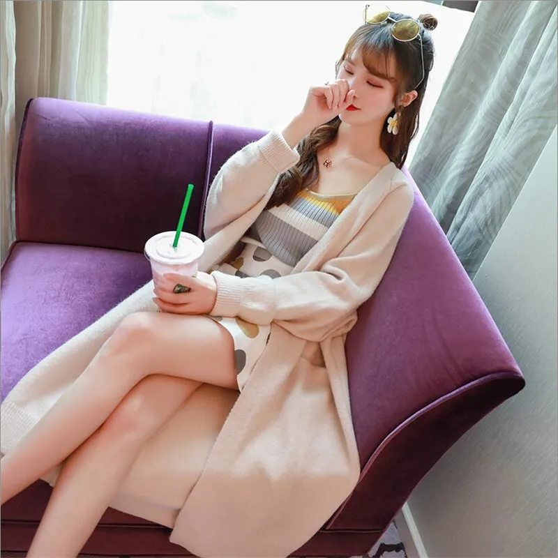 2019 авокадо зеленый женский свитер-кардиган с длинными коленями сплошной длинный