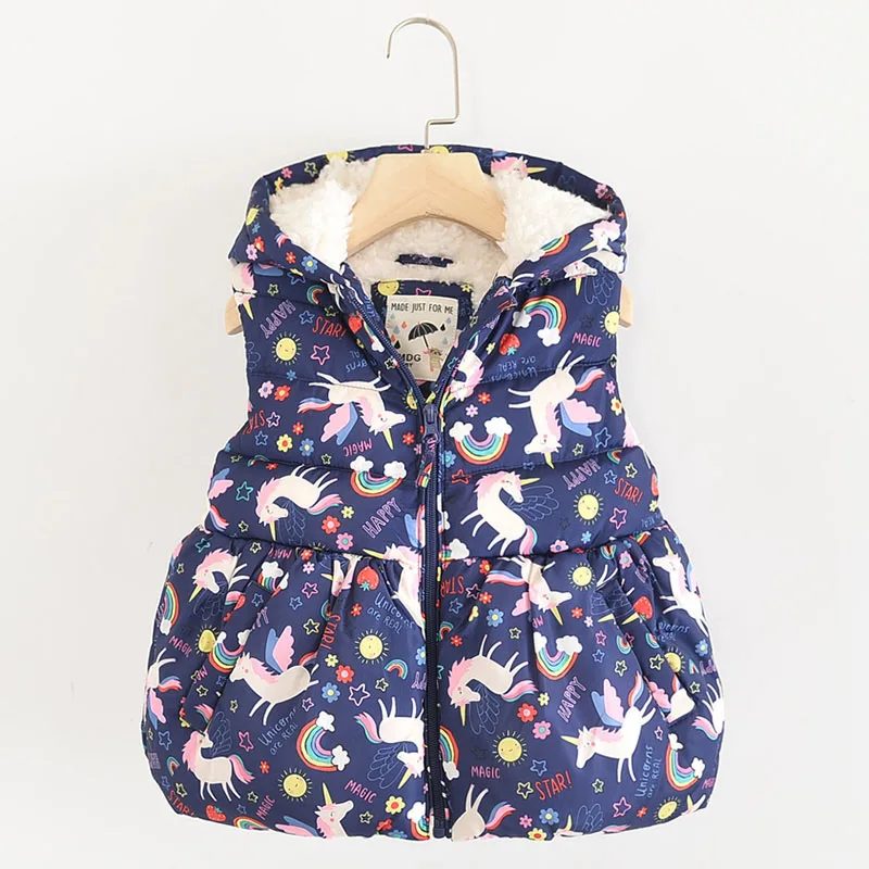 Navy Blue Модные жилеты для девочек; детские куртки без рукавов с капюшоном и рисунком единорога; жилет для маленьких девочек; детский зимний жилет; Верхняя одежда; теплое пальто - Цвет: Navy Blue
