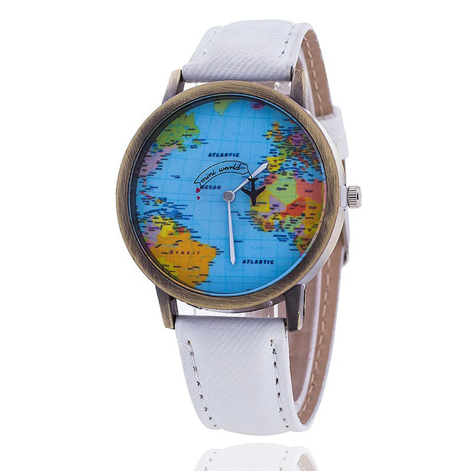 

Mini World Fashion Quartz Watch Women Unisex Hot Sale Map Airplane Travel Around The World Women Leather Dress Wrist Watch Clock