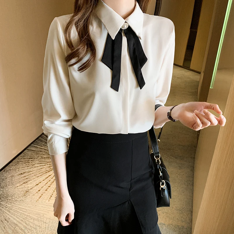 

Рубашка Женская атласная свободного покроя, модная блузка, Однотонная рубашка с бантом, повседневный Топ с длинным рукавом, кофта на осень