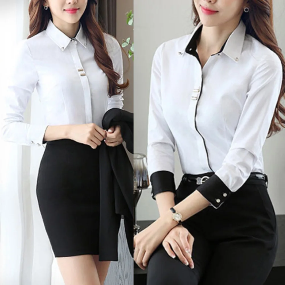 

Office Blouses Lady Turn Down Collar Long Sleeve Button Cuff Cotton Plus Size Blouses
