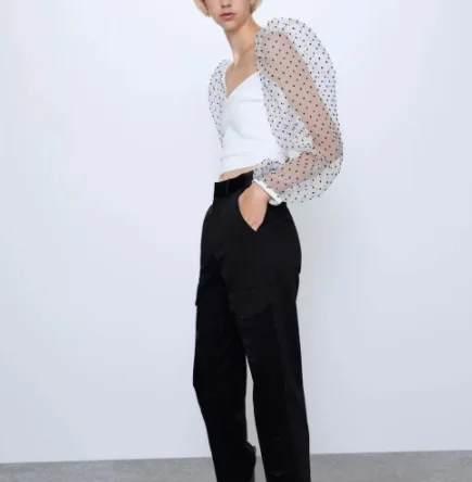 Белая блузка рубашка Женский Топ сморщенный шифон в горошек с пышными рукавами