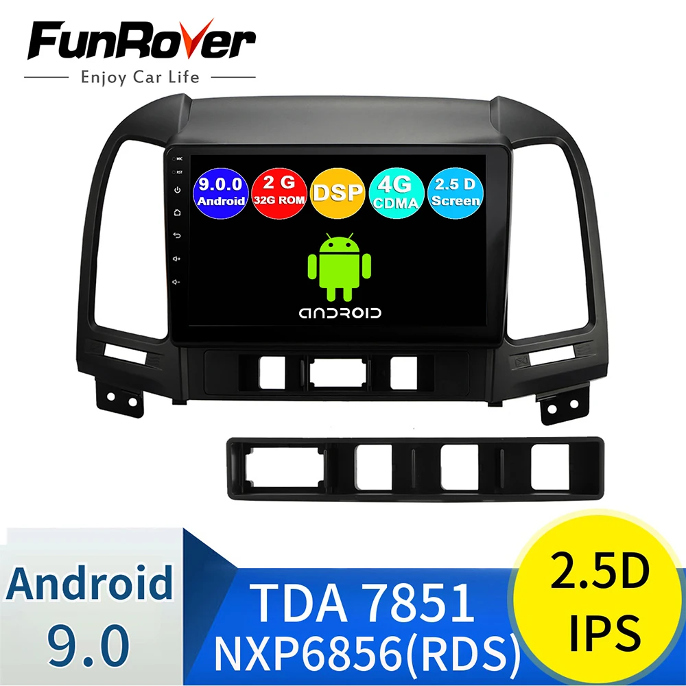 FUNROVER Android 9,0 2G+ 32G DSP автомобильный Радио мультимедийный видео плеер для hyundai Santa Fe 2 2006-2012 навигация gps 2 din без dvd