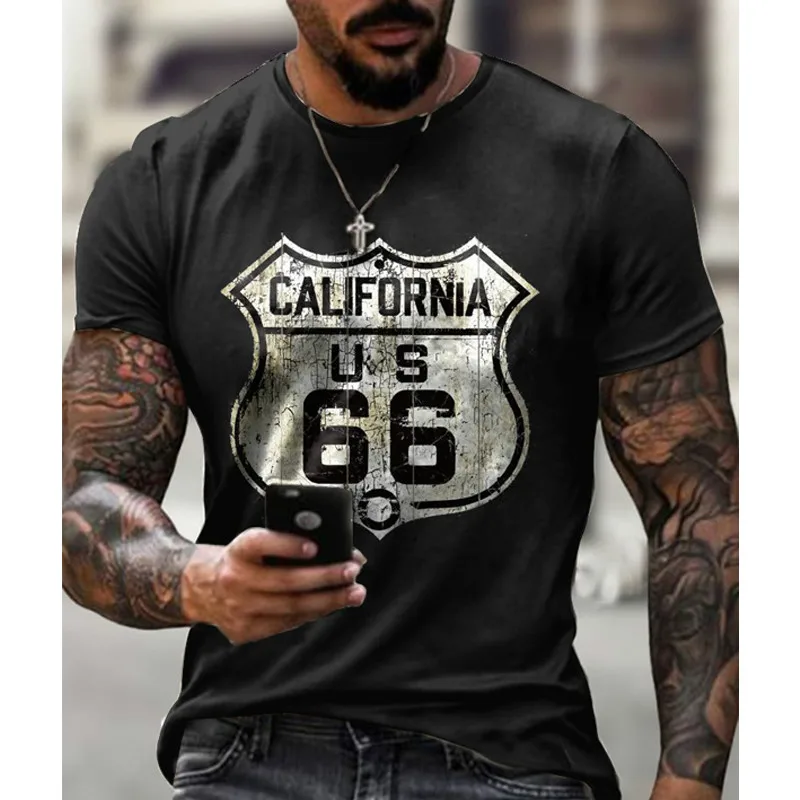 

Men's Short-sleeved Sports T-shirt Fashion Casual Tops Street Retro Wear California Road Top 66 Short-sleeved Summer 2021 New