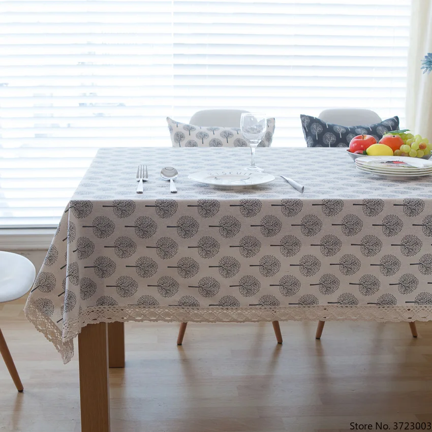 

Linen Cotton Tablecloth Washable Coffee Dinner Countryside Small Tree Pattern Lace Hem Table Cloth for Christmas Wedding Banquet