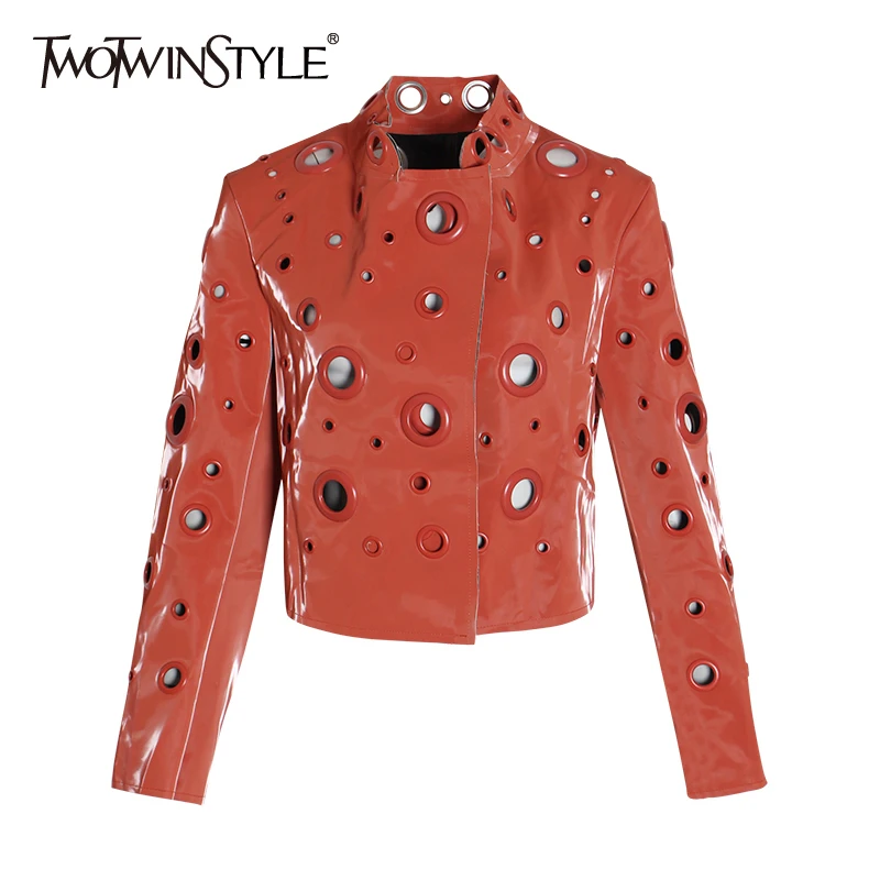 Женская куртка из искусственной кожи TWOTWINSTYLE осенняя уличная с воротником