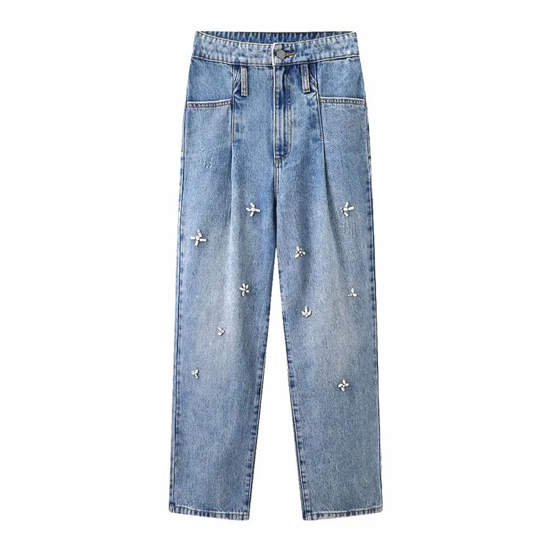 

2021 Summer New All-Matching Beaded Slimming Casual Tappered Jeans Pants Fashion High-Waist Blue Jeans Trousers for Women