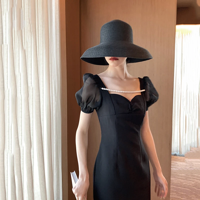 

Черное винтажное вечернее платье во французском стиле, с пышными рукавами, V-образным вырезом, облегающее платье для выпускного вечера, с же...