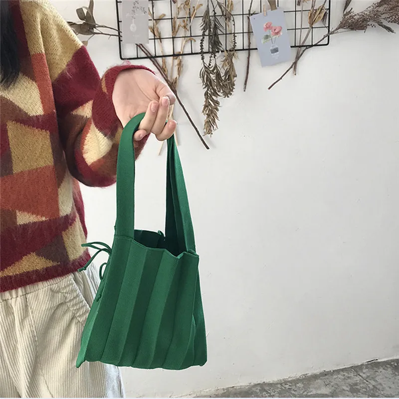 Шерстяные вязаные плиссированные сумки лоскутные для покупок на шнурке