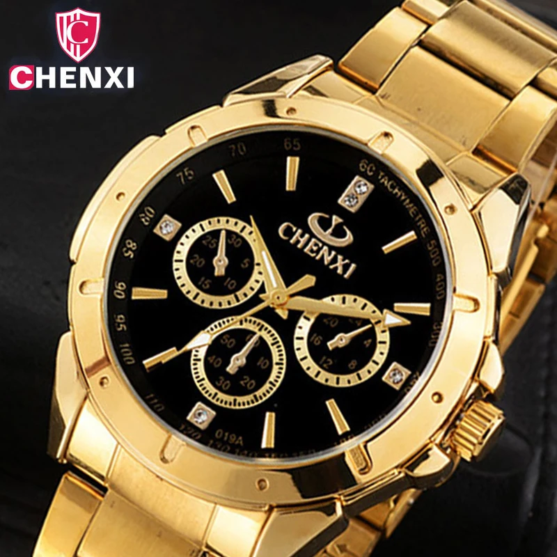 

CHENXI Luxury Gold Men's Watches Unique Business Dress Wristwatch for Man Woman Lover's Clock Golden Waterproof Male Female 019A