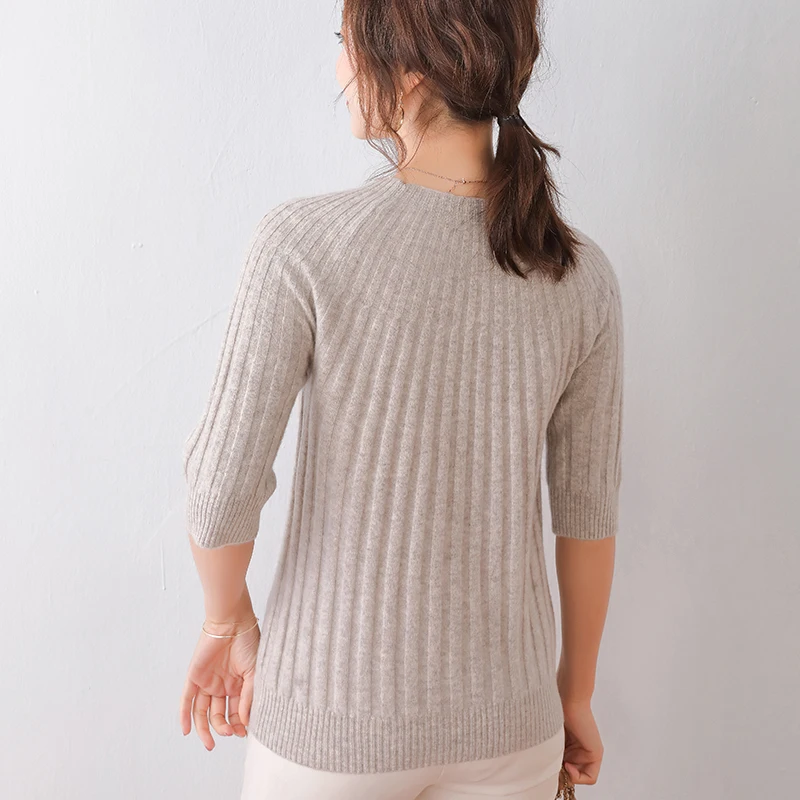 Женский пуловер в рубчик из 100%-ной шерсти с круглым вырезом и рукавом до локтя