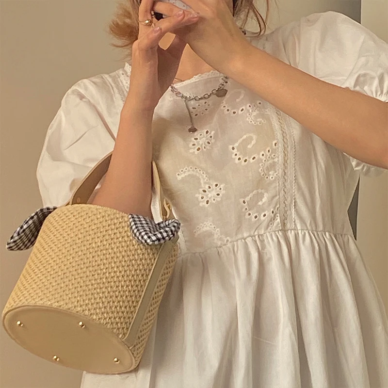 Beach Straw Woven Bucket Bag for Women Bowknot Plaid Ladies Small Shoulder Messenger Bags Female Summer Tote Purse Handbags