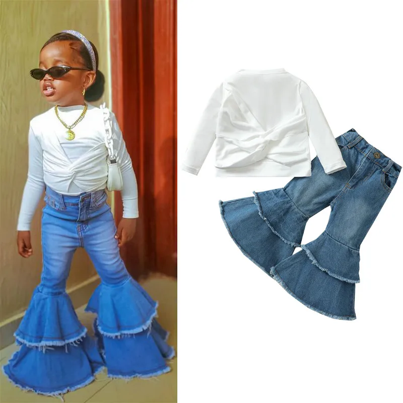 

Autumn Kids Toddler Girl Clothes Sets Long Sleeve White Tops Flared Jeans Denim Pant 2PCS Spring Outfits