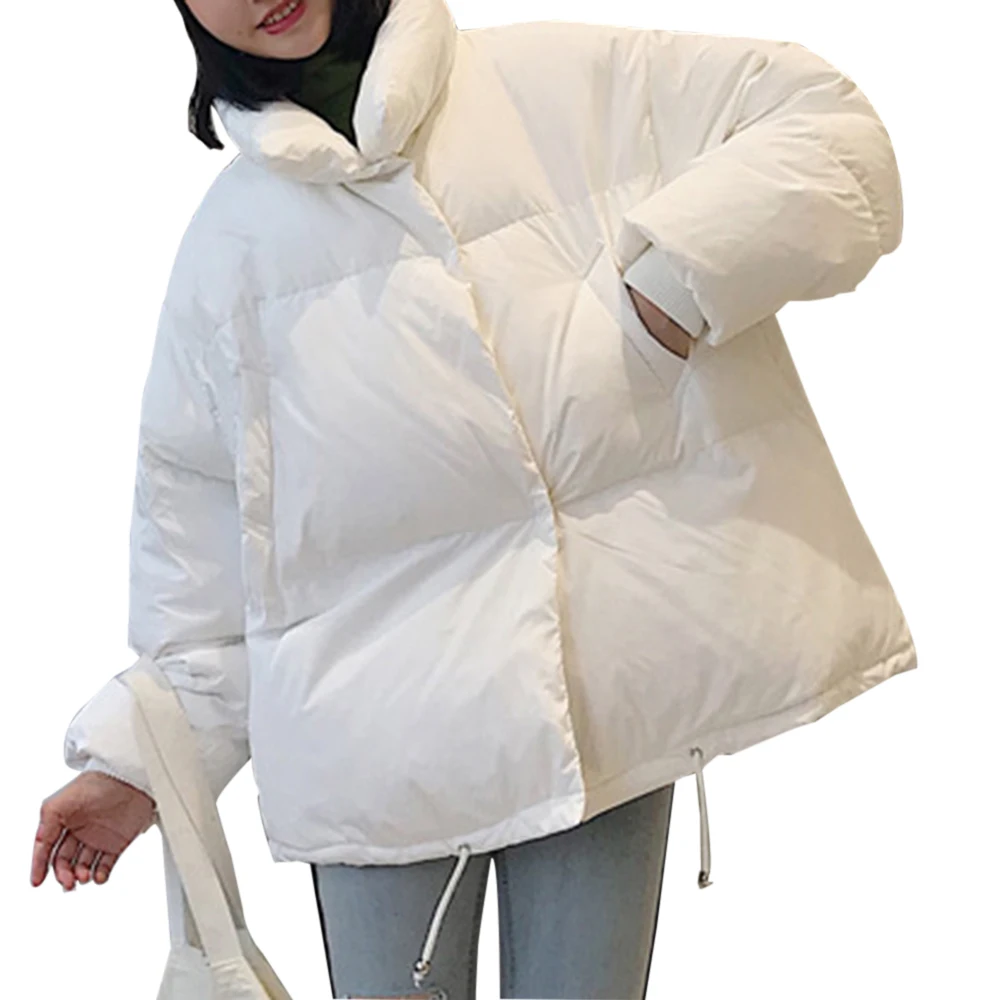 White PUIMENTIUA Winter Warm Jacket Women Stand Collar Solid Black White Female Down Coat Loose Womens Plus Size Short Parka New - Цвет: White
