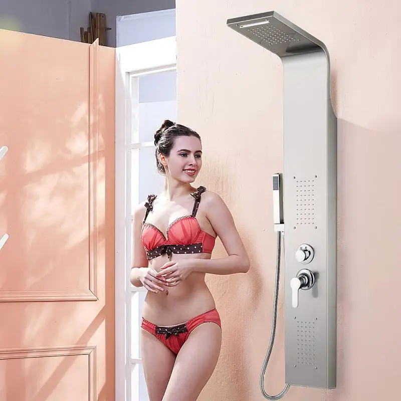 Beste Luxe Zwart/Geborsteld Badkamer Kraan Led Douche Panel Kolom Bad Mengkraan Met Handdouche Temperatuur Screen Hwc