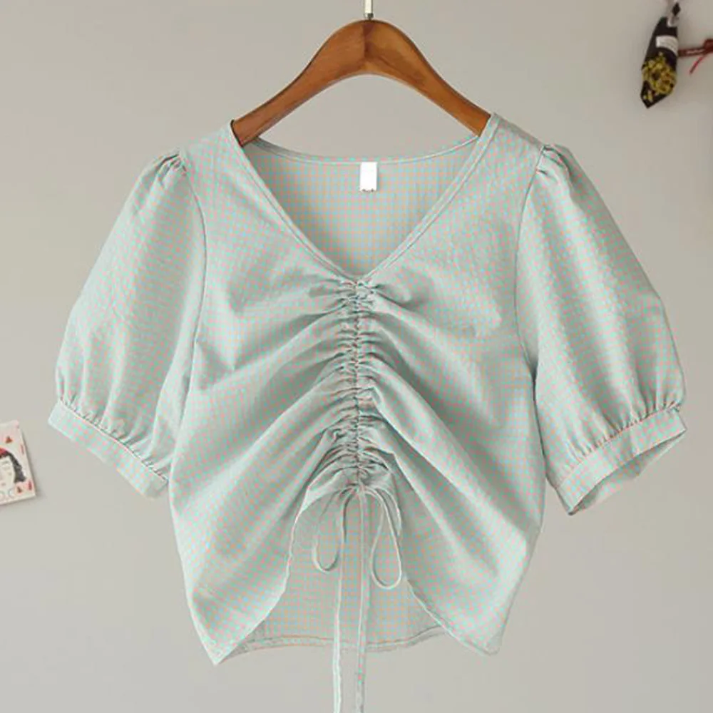 2020 Women Puff Sleeve Drawstring Small Plaid V-Neck Shirt Korean Chic Ladies Smock Ruched Short Blouses Femininas Tops |