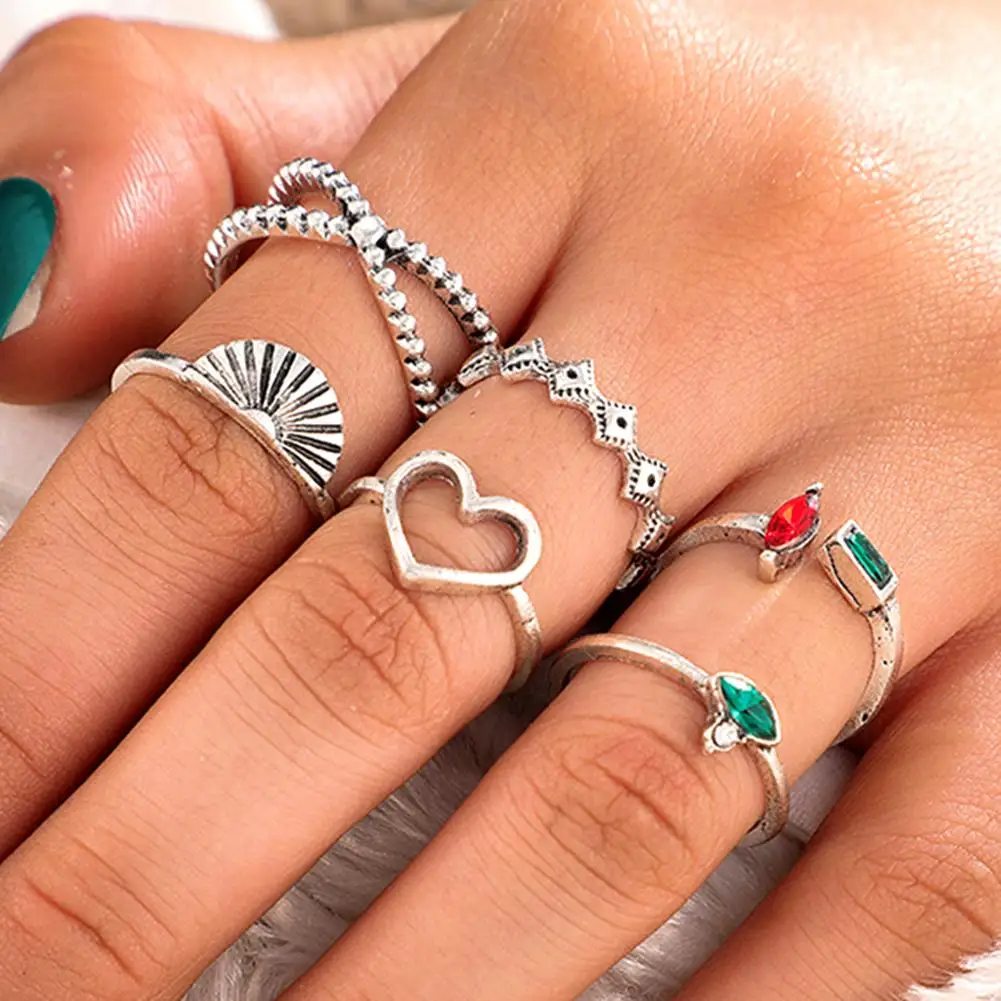 

6Pcs Hollow Heart Shell Rhinestone Opening Finger Rings Thin Band Jewelry Gift
