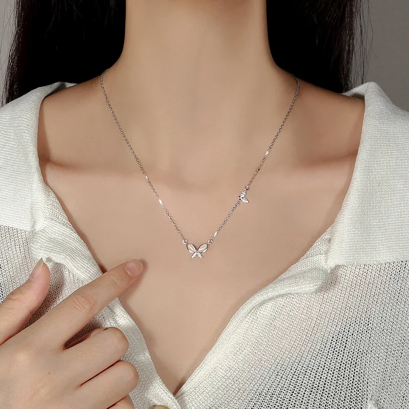 

Simple Shinny Zircon Double Butterflies 925 Sterling Silver Pendants Necklaces Jewelry Women Clavicle Chain for Party Bijoux
