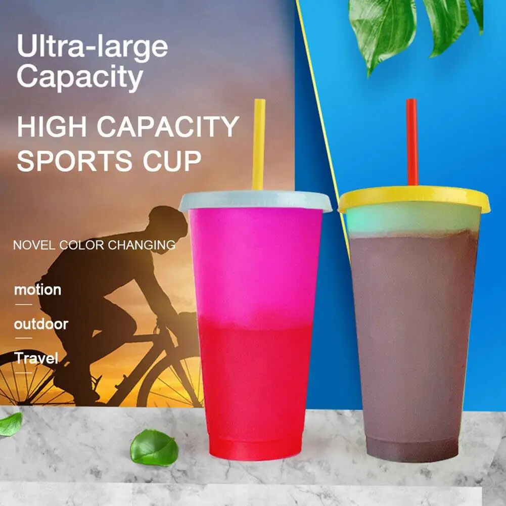 

5PCS Reusable Color Changing Cold Cups Summer Magic Plastic Coffee Mugs Water Bottles With Straws Set For Family Friends Cup