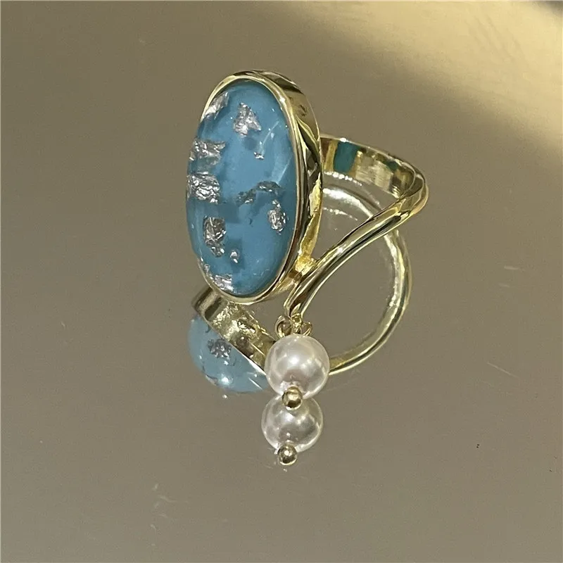 

LOVOACC Vintage Multicolor Printing Stone Ring for Women Shiny Flake Resin Oval Geometric Rings Romantic Chunky Knuckle Ring