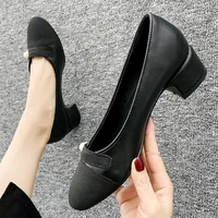 single shoes female round head middle heel work shoes female black pearl buckle shallow mouth thick heel shoes women