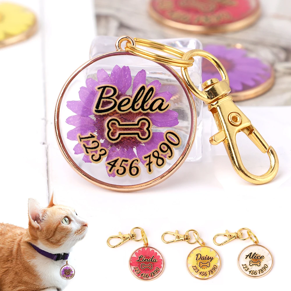 

Personalized Cat ID Tag Custom Anti-lost Cat Puppy Nameplate Flower Print Dog Kitten Pendant Tags For Dogs Cats Pet Accessories