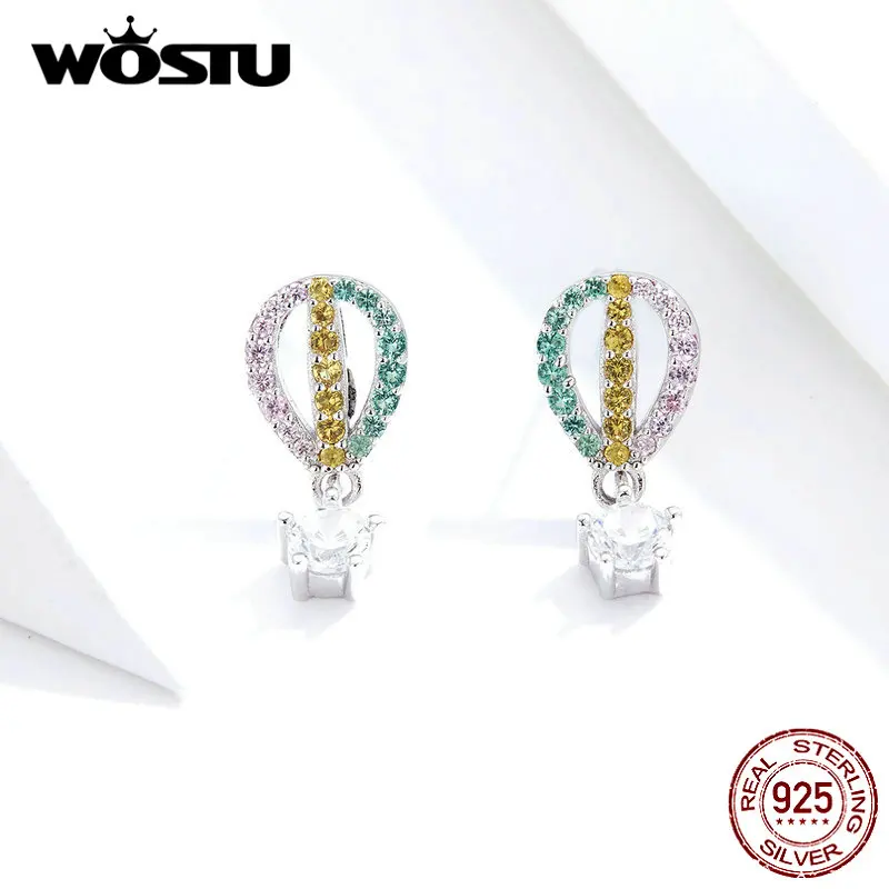 WOSTU Real 925 Sterling Silver Rainbow Air Balloon Stud Earrings For Women Stylish Zircon Small Romantic Jewelry FIE770 | Украшения и