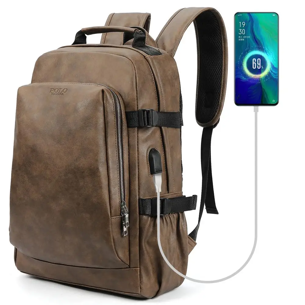 brown VICUNA POLO, Одноцветный кожаный мужской рюкзак, сумка с usb зарядкой, Большой Вместительный бизнес рюкзак, высокое качество, школьный повседневный мужской рюкзак - Цвет: brown