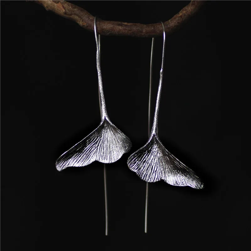 Женские длинные серьги подвески из серебра 925 пробы с листьями