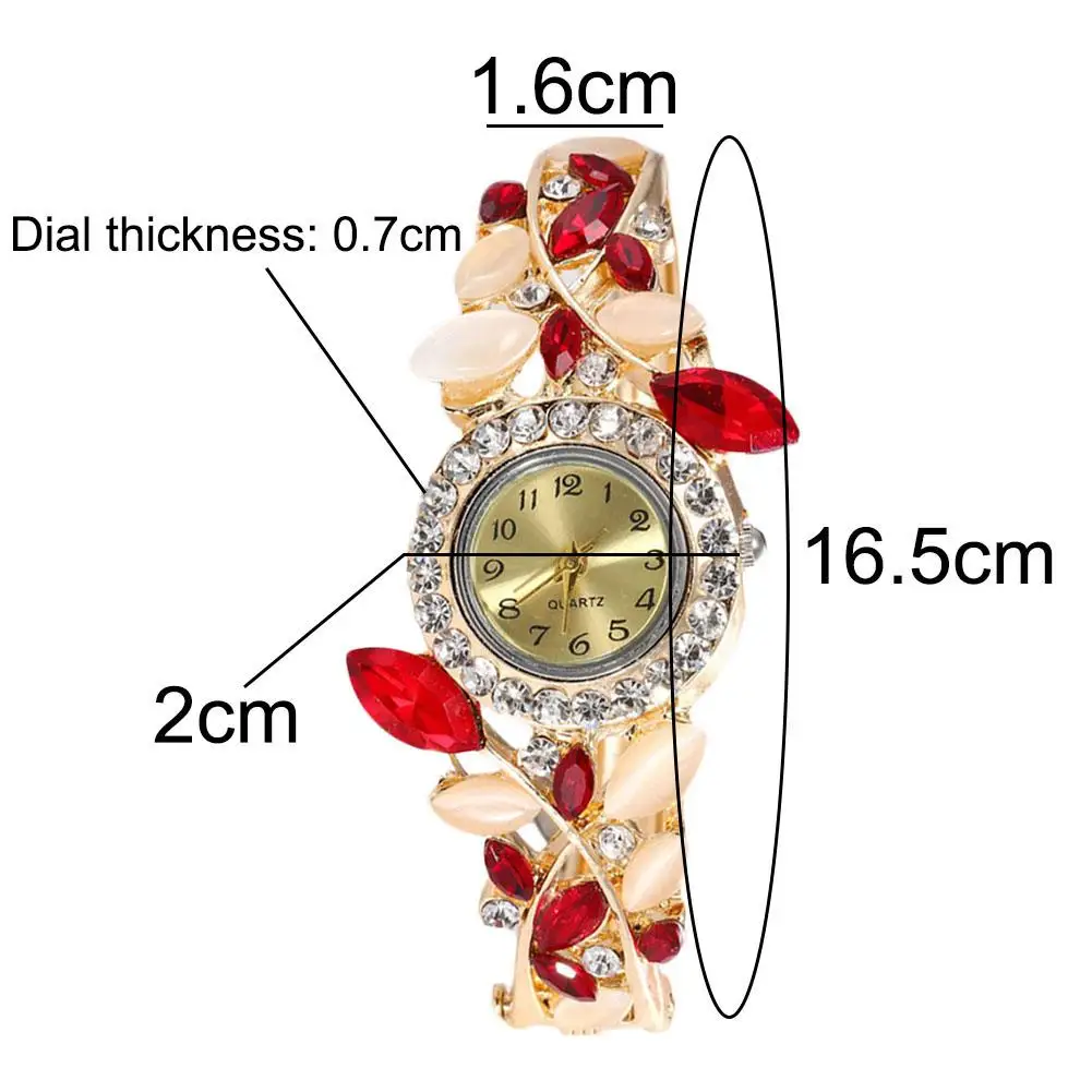 

Luxury Women Rhinestone Leaf Round Dial Analog Open Bracelet Quartz Wrist Watch