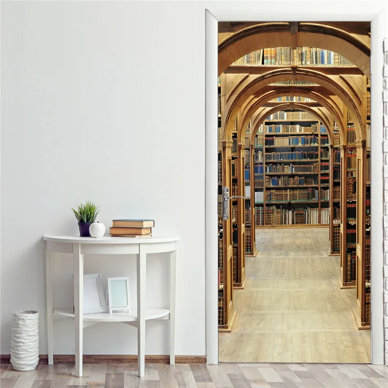 

European Style Bookshelf Door Mural The Sea Of Books Decoration Door Stickers Poster Library Study Home Decor Renovation Vinyl