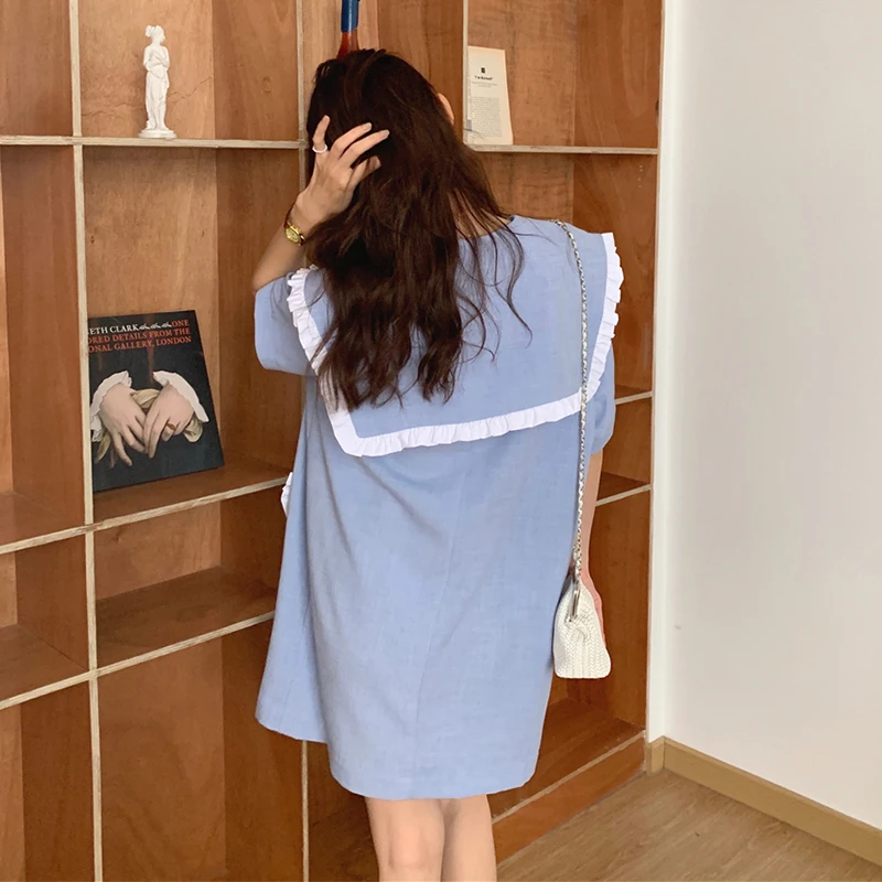 

Sister Fara Fashion Turn-down Collar Dresses for Women 2021 Summer Patchwork Loose Casual Mini Dress Short Sleeve Women's Dress