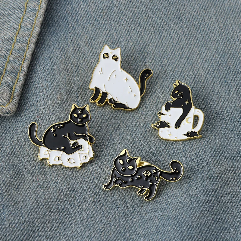 

Witch Cat Enamel Pin Trippy Moon Star Space Black and Gold Version Kitty Brooches Witches Badges Women Magic Jewelry